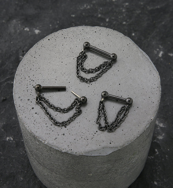 Black PVD Double Dangle Chain Threadless Titanium Barbells