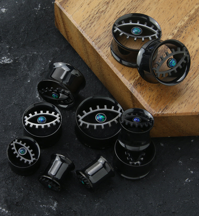 Black PVD Evil Eye Green Opalite Stainless Steel Double Flare Tunnel Plugs