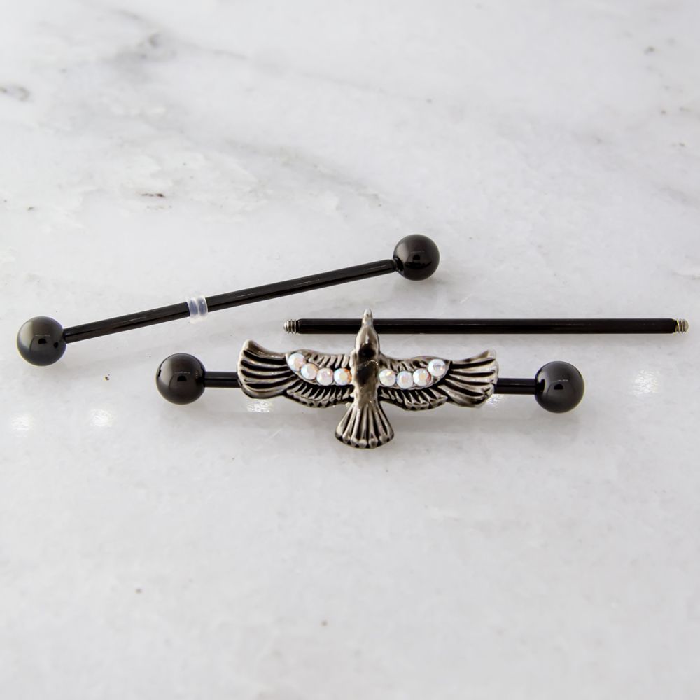 Black PVD Flying Raven Rainbow Aurora CZ Industrial Barbell
