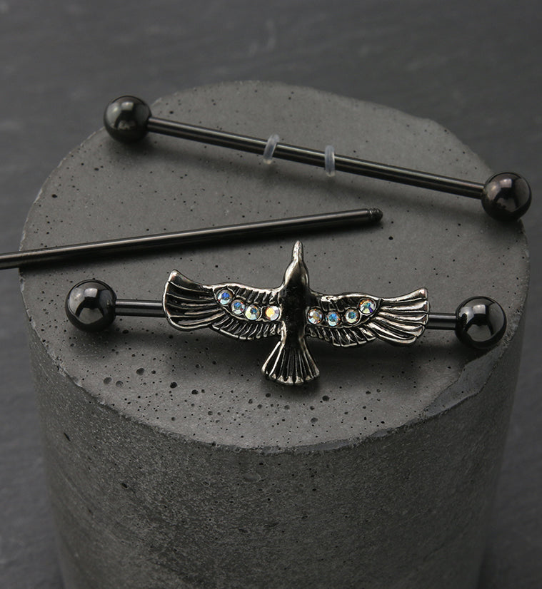 Black PVD Flying Raven Rainbow Aurora CZ Industrial Barbell