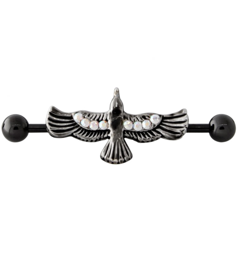 Black PVD Flying Raven Rainbow Aurora CZ Industrial Barbell