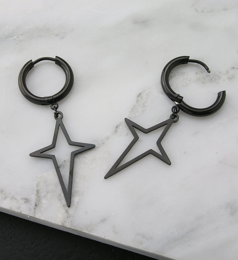 Black PVD Four Point Star Stainless Steel Hinged Earrings
