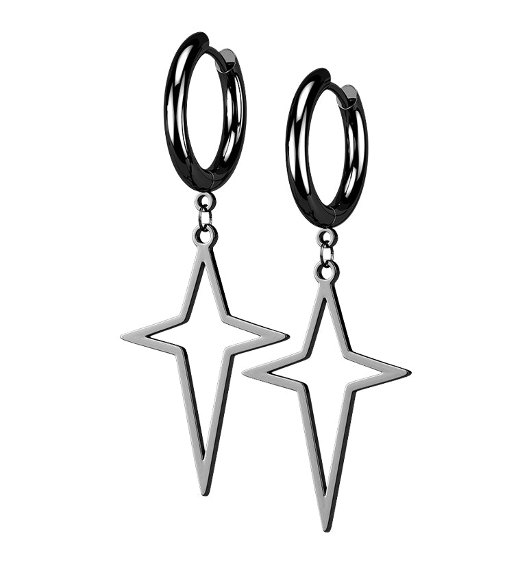 Black PVD Four Point Star Stainless Steel Hinged Earrings