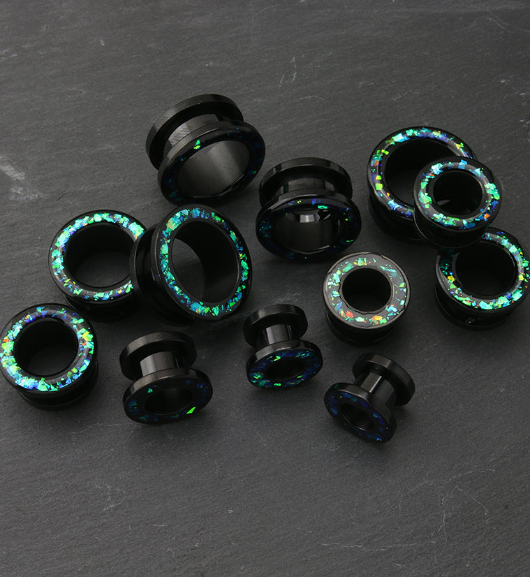 Black PVD Glitter Green Opalite Stainless Steel Screw Back Tunnels
