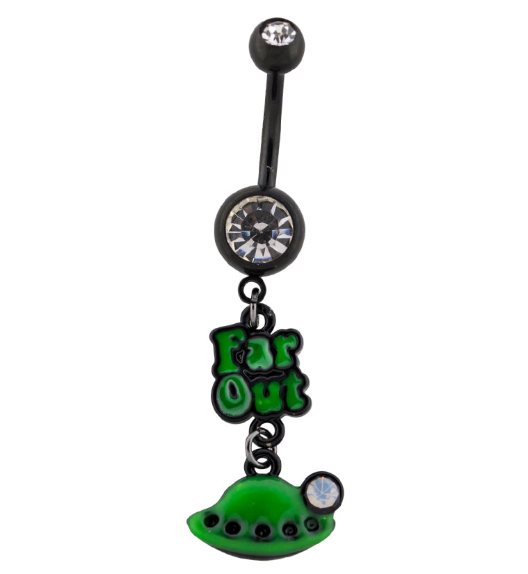 Black PVD Green Far Out Spaceship CZ Dangle Belly Button Ring