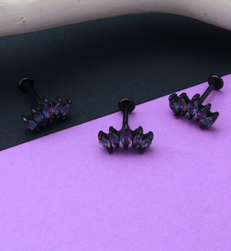 Black PVD Half Crown Aura CZ Gem Labret Post