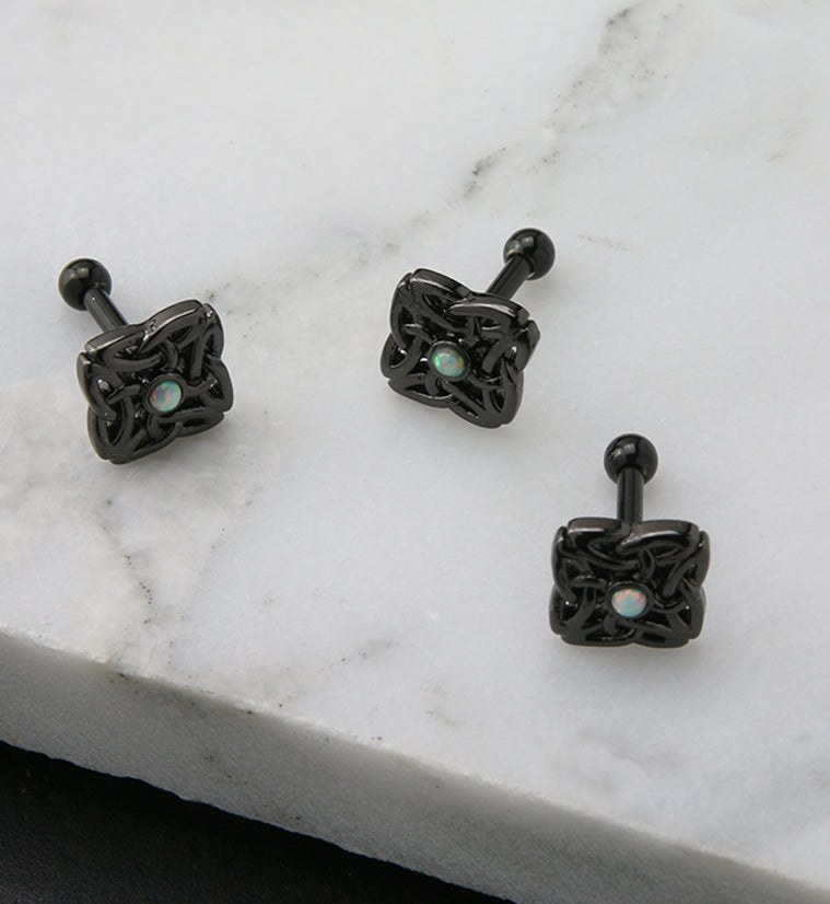 Black PVD Interlaced Square White Opalite Cartilage Barbell