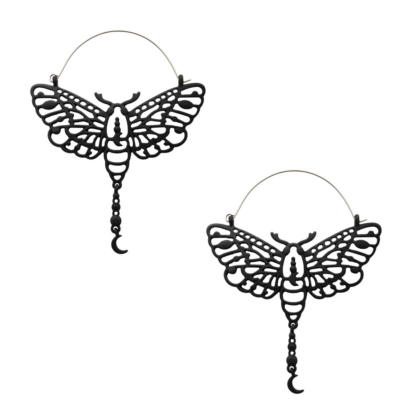 Black PVD Luna Moth Dangle Moon Stainless Steel Plug Hoops
