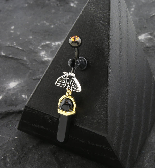 Black PVD Moon Phase Moth Black Crystal Dangle Stainless Steel Belly Button Ring