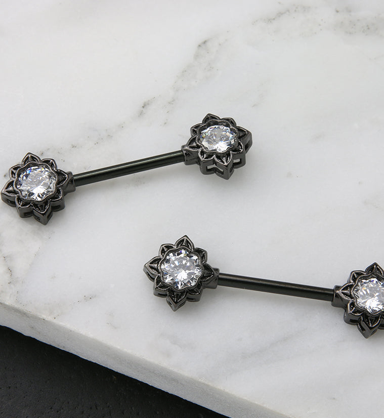 Black PVD Octagram CZ Stainless Steel Nipple Barbell