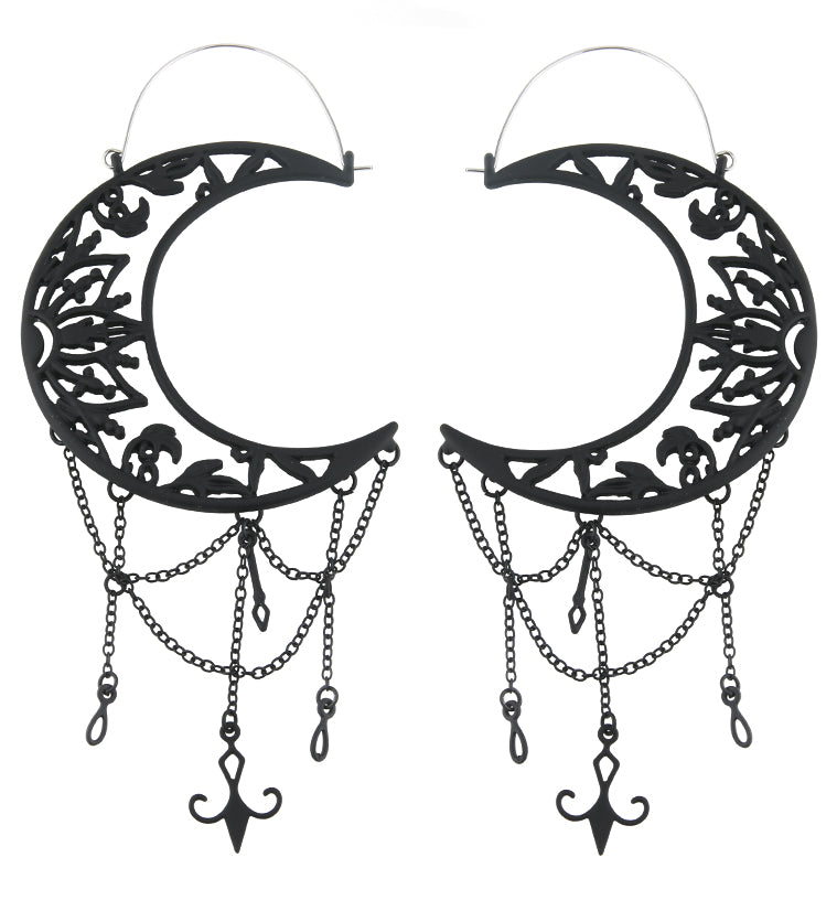 Black PVD Ornate Crescent Moon Dangle Chains Stainless Steel Plug Hoops