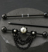 Black PVD Pearl Dangle Chain Industrial Barbell