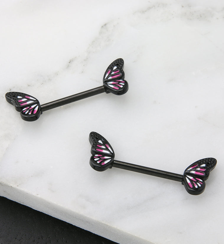 Black PVD Pink Butterfly Wing Stainless Steel Nipple Barbell