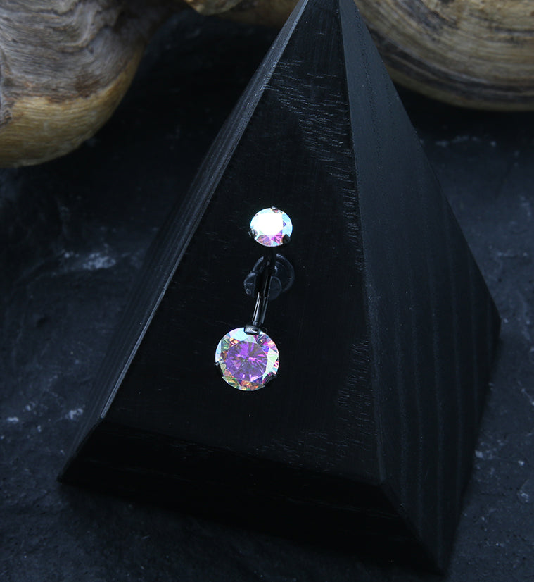 Black PVD Prong Rainbow Aurora CZ Internally Threaded Titanium Belly Button Ring