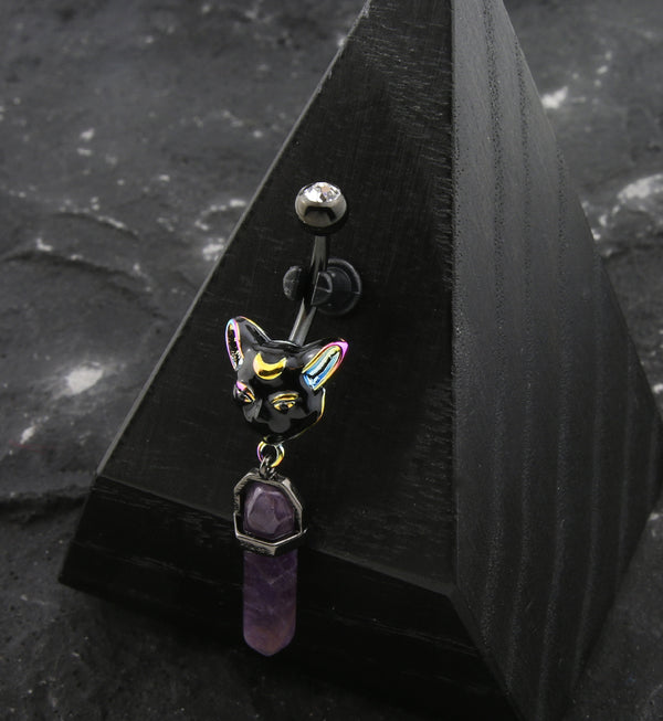 Black PVD Psychedelic Cat Purple Crystal Stainless Steel Belly Button Ring