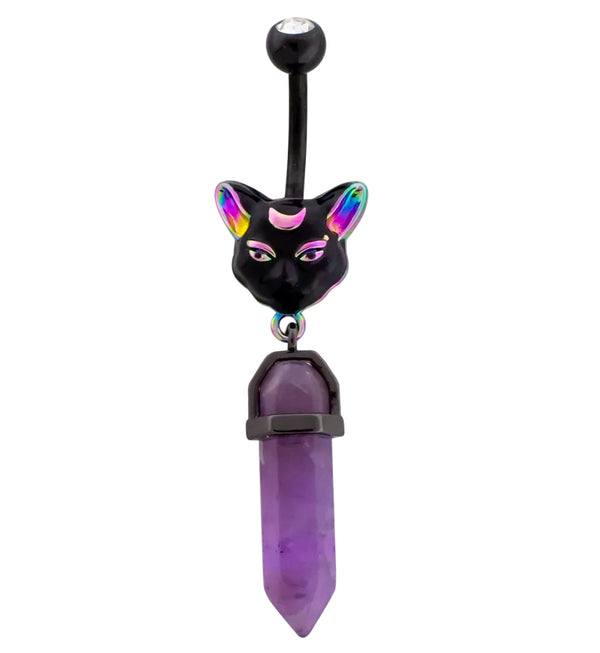 Black PVD Psychedelic Cat Purple Crystal Stainless Steel Belly Button Ring
