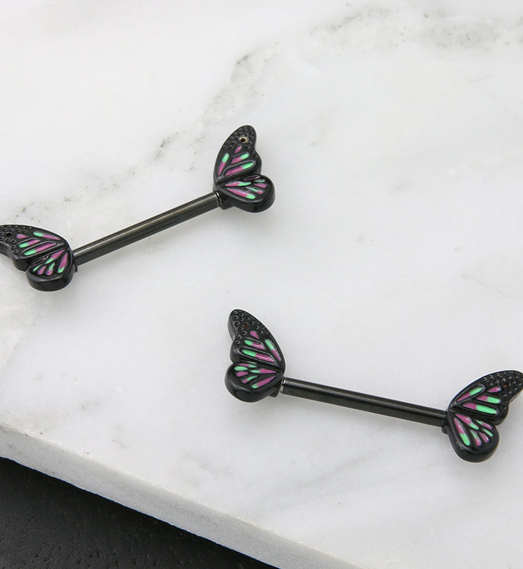 Black PVD Purple Butterfly Wing Stainless Steel Nipple Barbell