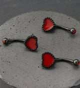 Black PVD Red Beaded Heart Red CZ Curved Barbell