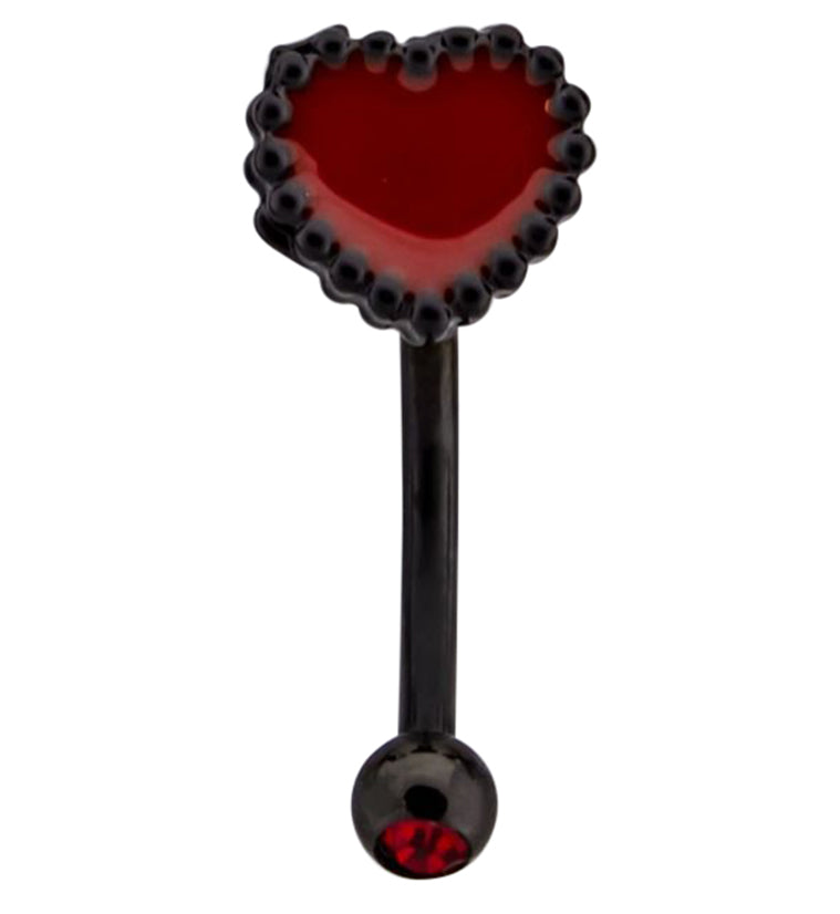 Black PVD Red Beaded Heart Red CZ Curved Barbell
