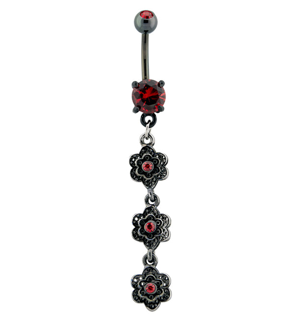 Black PVD Red Flowers Dangle Belly Button Ring