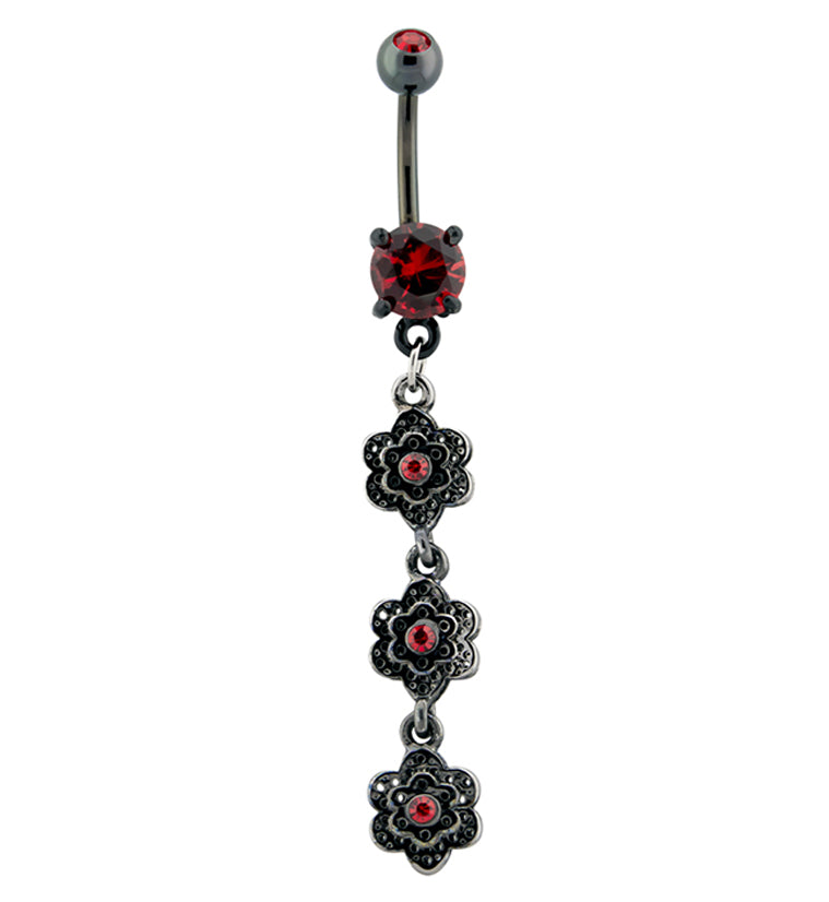 Black PVD Red Flowers Dangle Belly Button Ring