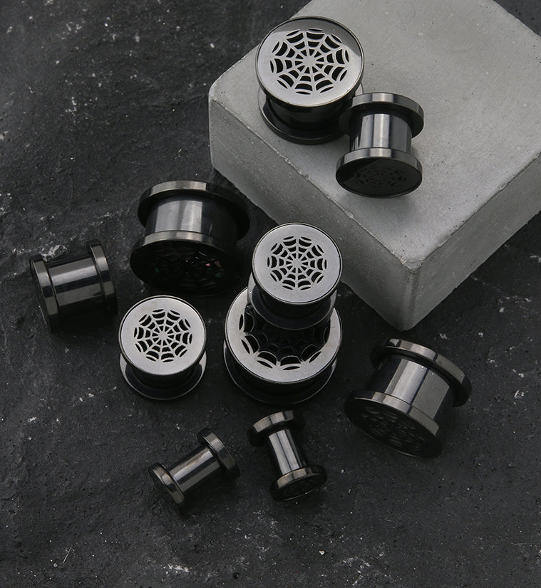 Black PVD Spider Web Stainless Steel Tunnel Plugs