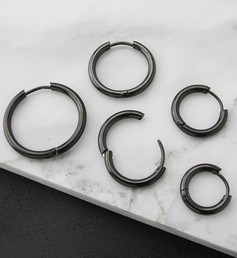 Black PVD Stainless Steel Hinged Hoop Earrings