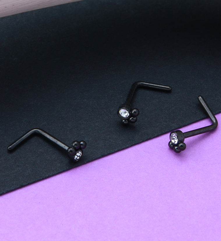 Black PVD Triple Beaded Clear CZ L Bend Nose Stud