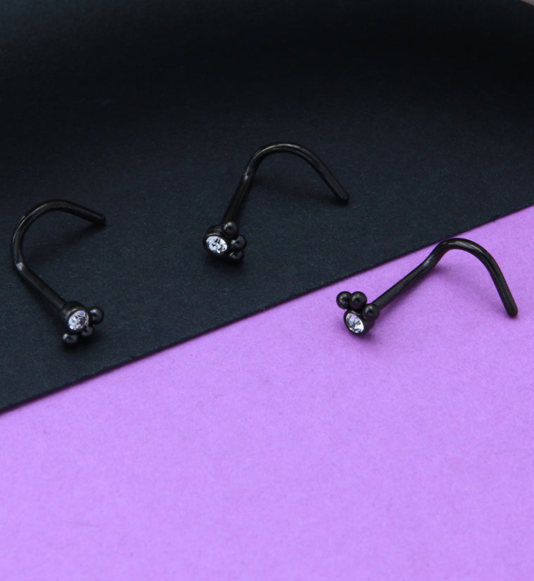 Black PVD Triple Beaded Clear CZ Nose Screw Ring