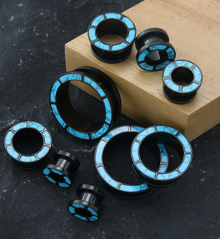 Black PVD Turquoise Rim Stainless Steel Tunnel Plugs