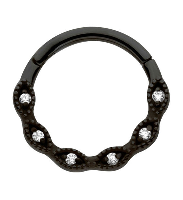 Black PVD Twist Beaded Clear CZ Stainless Steel Hinged Segment Ring