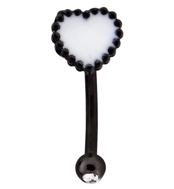 Black PVD White Beaded Heart Clear CZ Curved Barbell