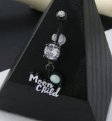 Black PVD White Opalite Moon Child Belly Button Ring