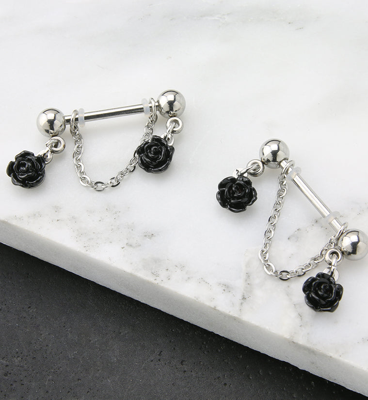 Black Rose Dangle Chain Stainless Steel Nipple Barbell