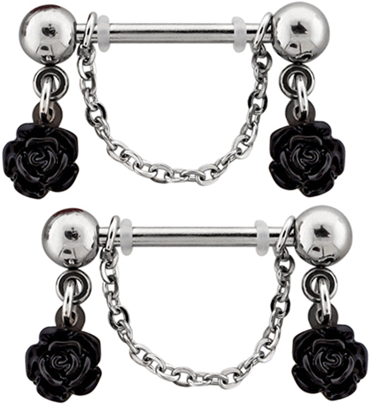 Black Rose Dangle Chain Stainless Steel Nipple Barbell