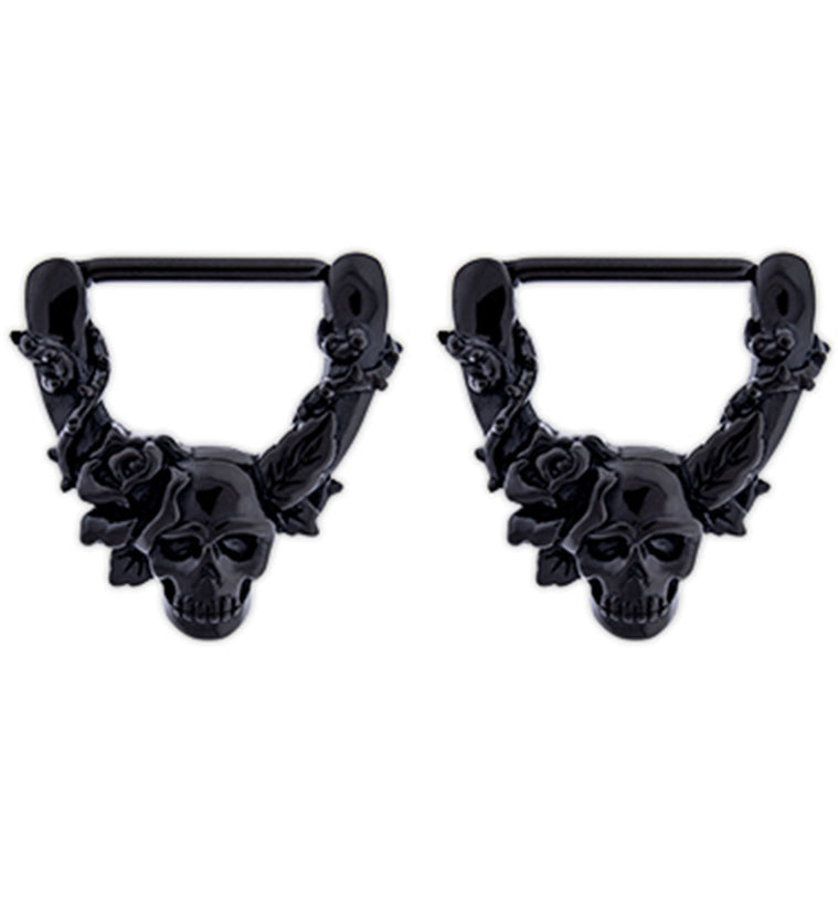 Black PVD Skull & Roses Nipple Clicker