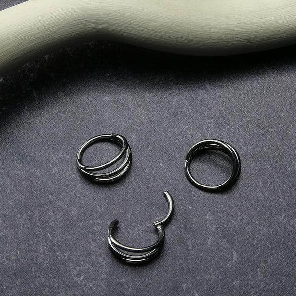 Black PVD Triple Side Bar Titanium Hinged Segment Ring