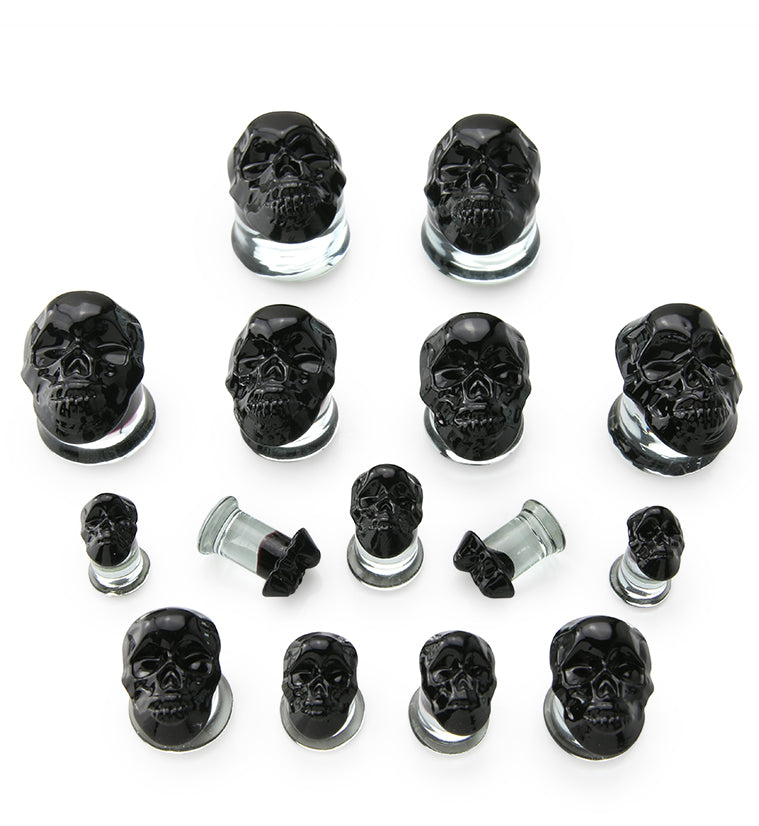 Black Skull Double Flare Glass Plugs - Gauges