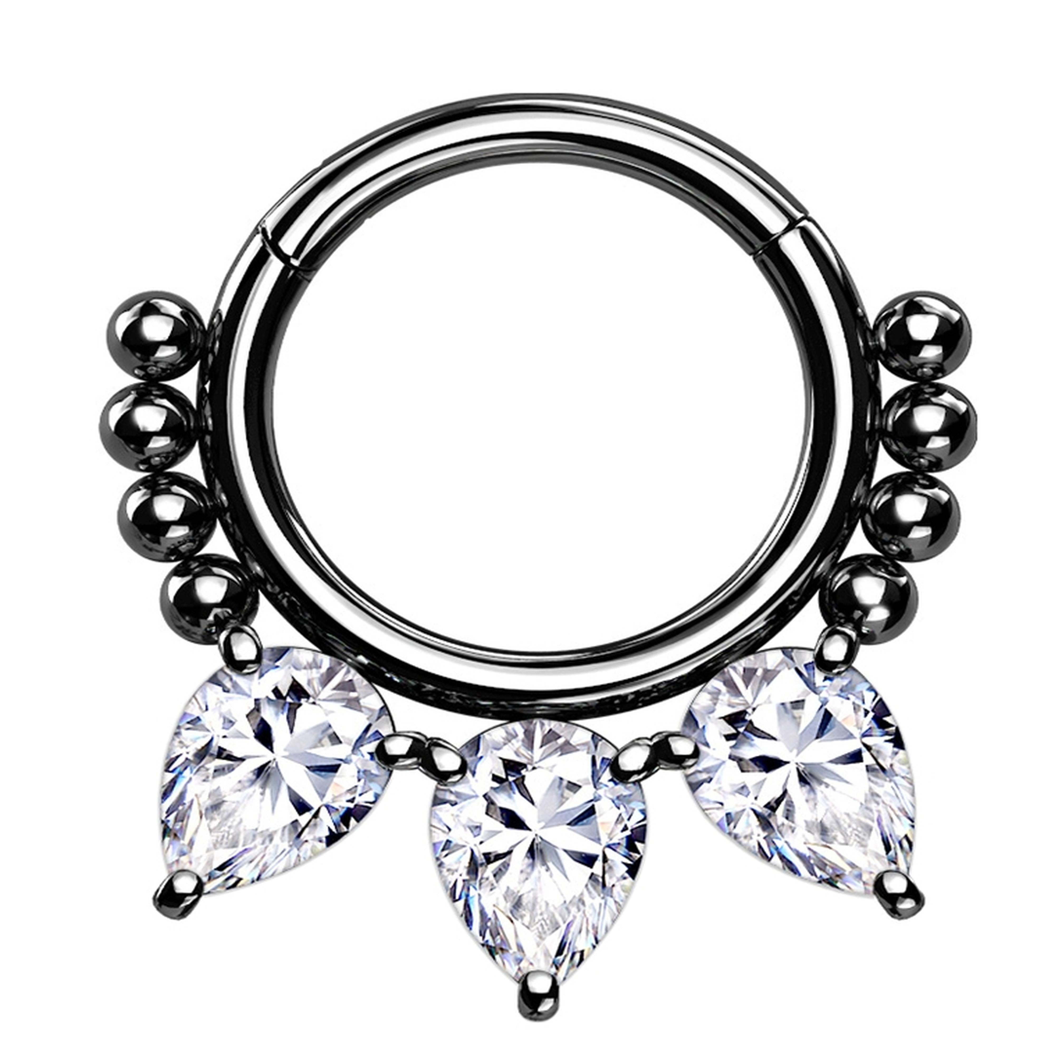Black PVD Teardrop CZ Bead Hinged Segment Ring