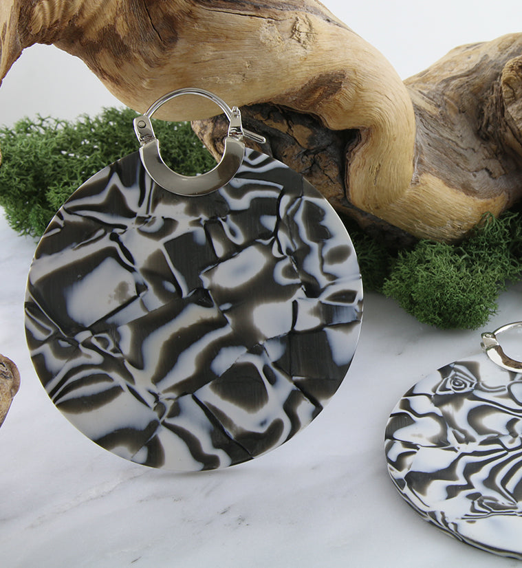 14G Black & White Schizo Acetate Disk Earrings