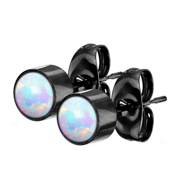 Black PVD Bezel White Opalite Stainless Steel Earrings