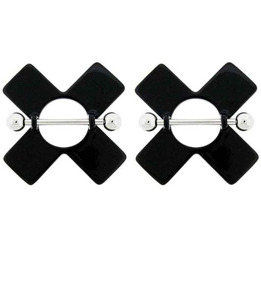 Black X Nipple Ring Barbell Shield