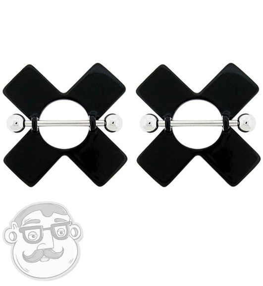 Black X Nipple Ring Barbell Shield