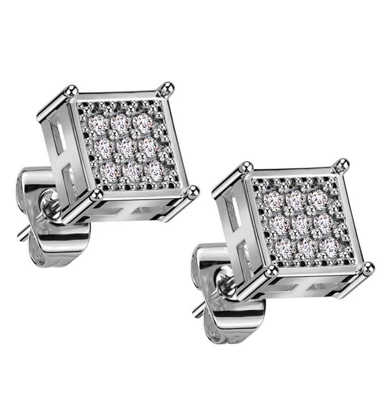 Block Clear CZ Stainless Steel Stud Earrings