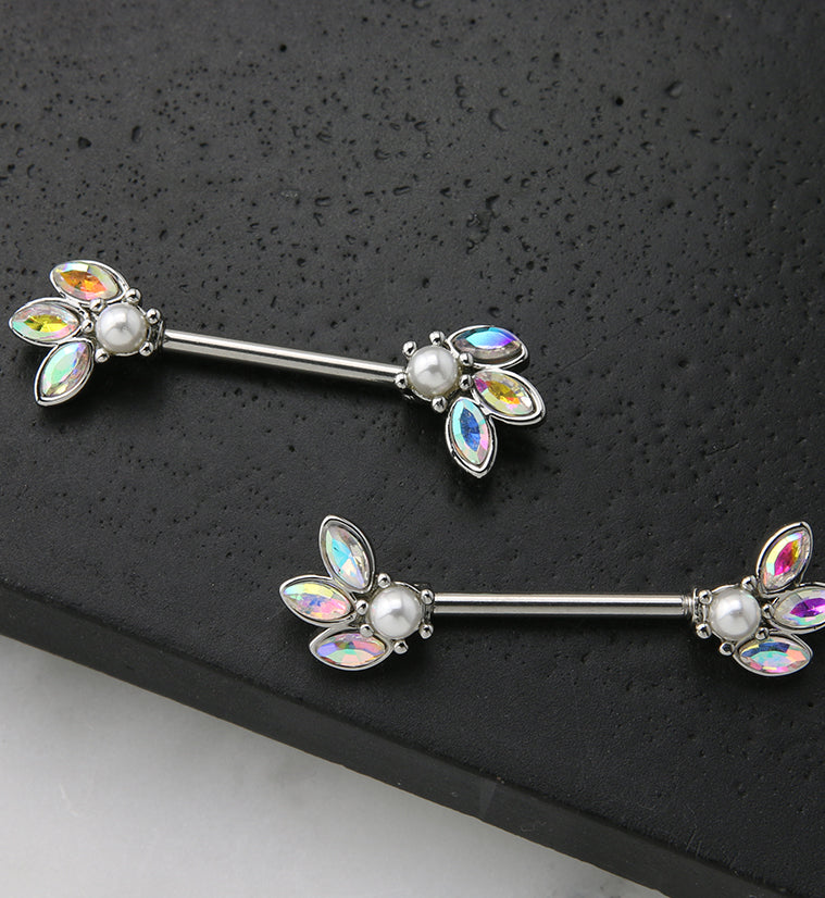 Blossom Pearl and Rainbow Aurora CZ Stainless Steel Nipple Barbell
