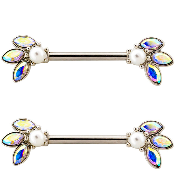 Blossom Pearl and Rainbow Aurora CZ Stainless Steel Nipple Barbell