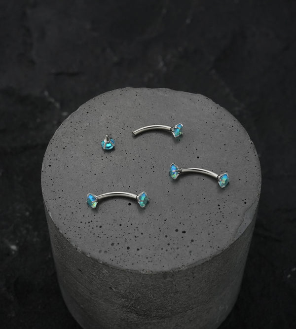 Blue Aurora CZ Prong Set Stainless Steel Curved Barbell