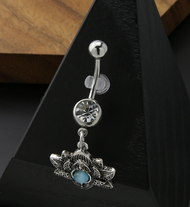 Blue Cat's Eye Lotus Flower Clear CZ Stainless Steel Belly Button Ring