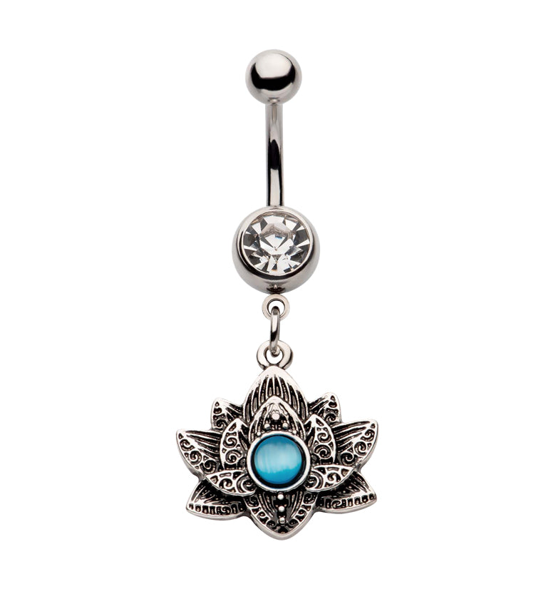 Blue Cat's Eye Lotus Flower Clear CZ Stainless Steel Belly Button Ring