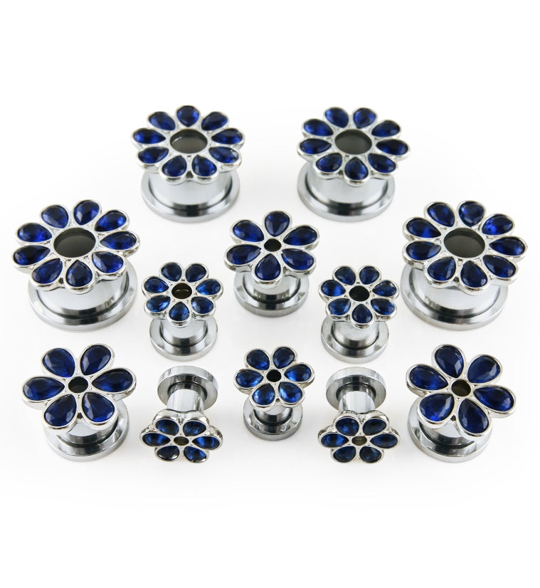 Blue CZ Flower Petal Stainless Steel Tunnels